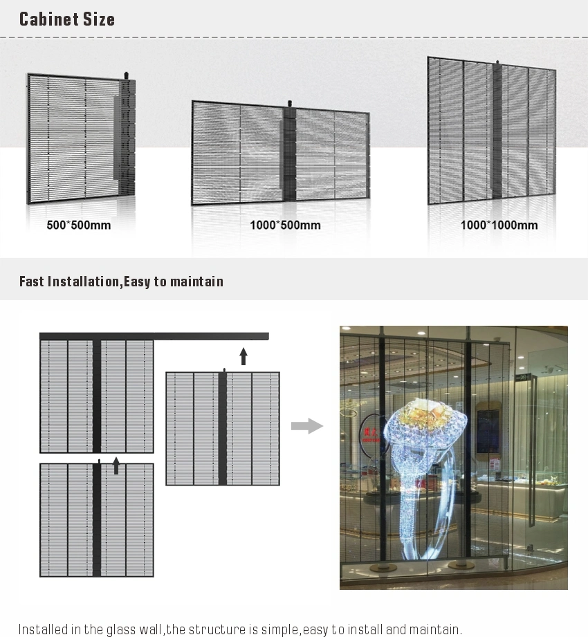 10.4*10.4mm Pixel Pitch Extremely Narrow Border Indoor LED Transparent Screen